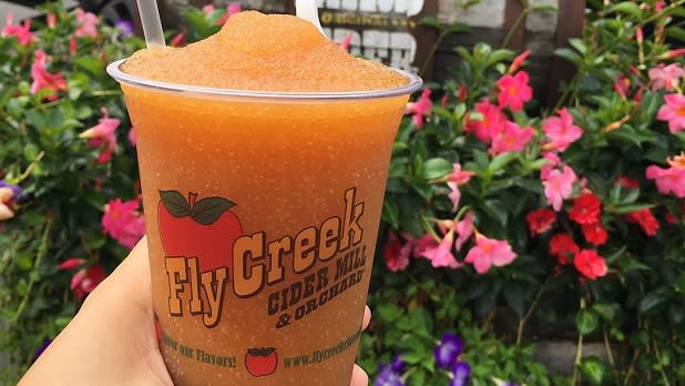 An icy cold cider slushy in a plastic cup at Fly Creek Cider Mill and Orchard