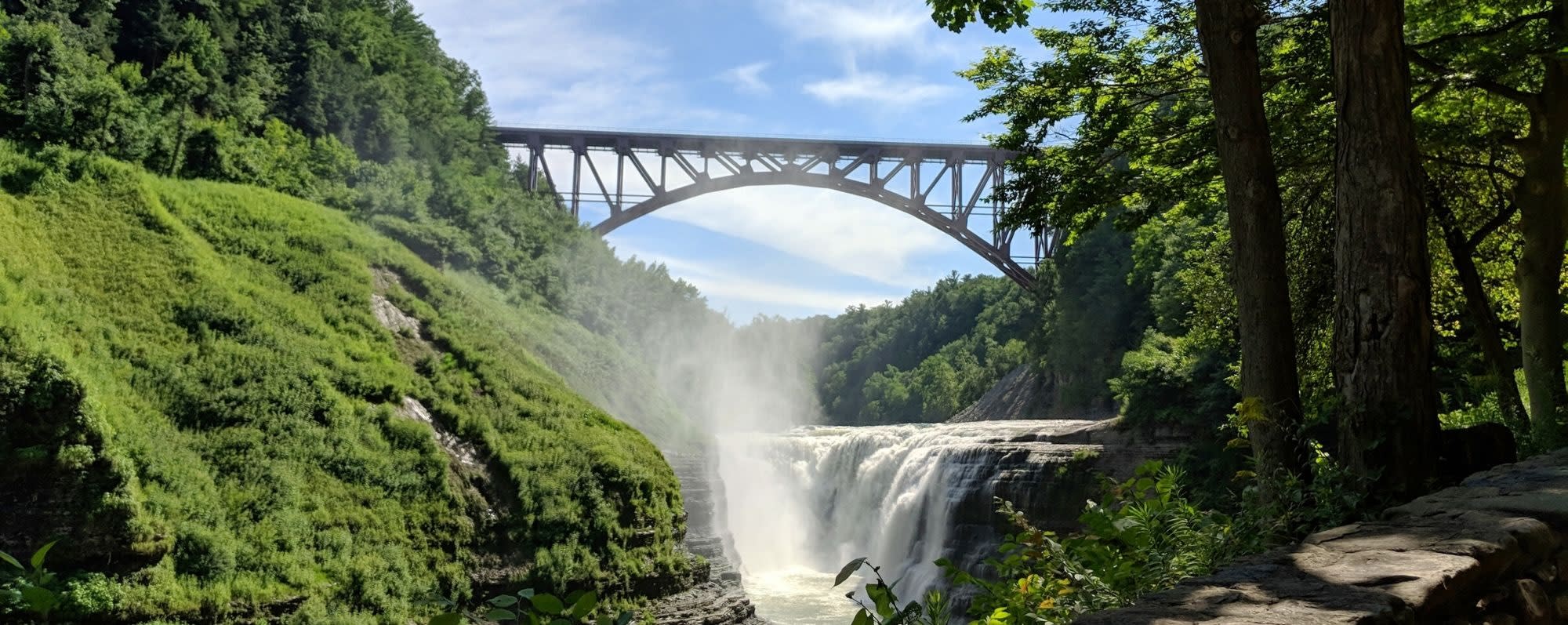 A view of the bridge over the falls at Letchworth State Park