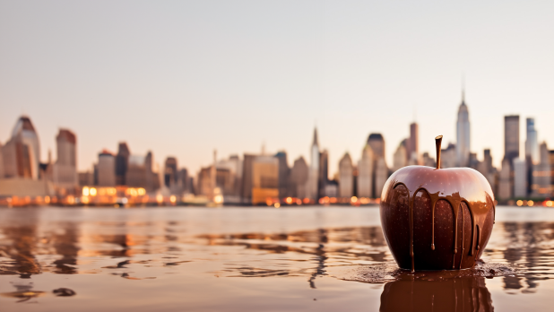 An apple covered in dripping chocolate with the New York City skyline in the background